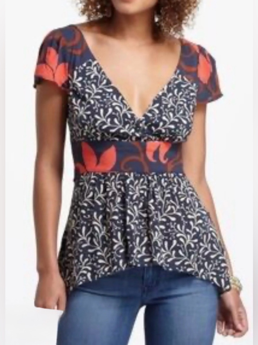 Anthropologie Navy & Coral Floral V-Neck Peplum Tunic